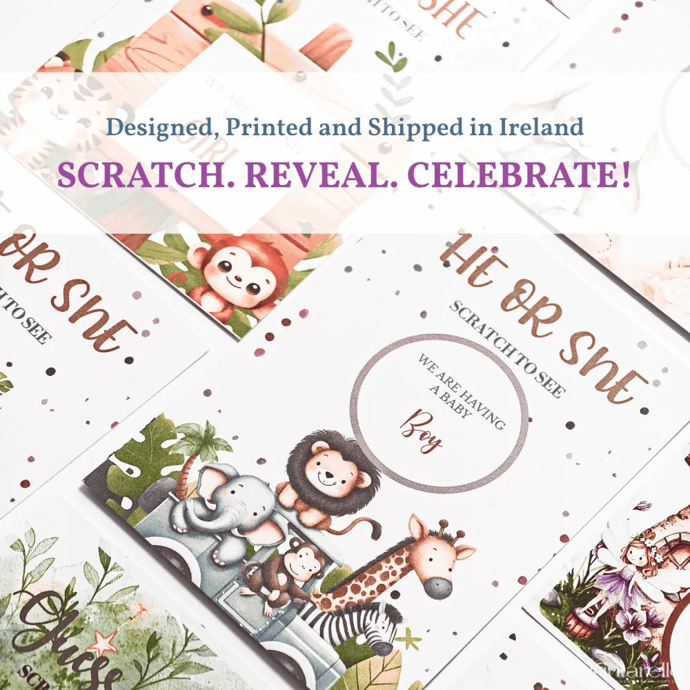 Gender Reveal Scratch Card – Tiger & Monkey - Greeting Card - Printarelle
