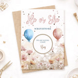 Baby shower card with cartoon animals and text 'He or She Scratch to See We Are Having a Baby Boy' on a white background.
