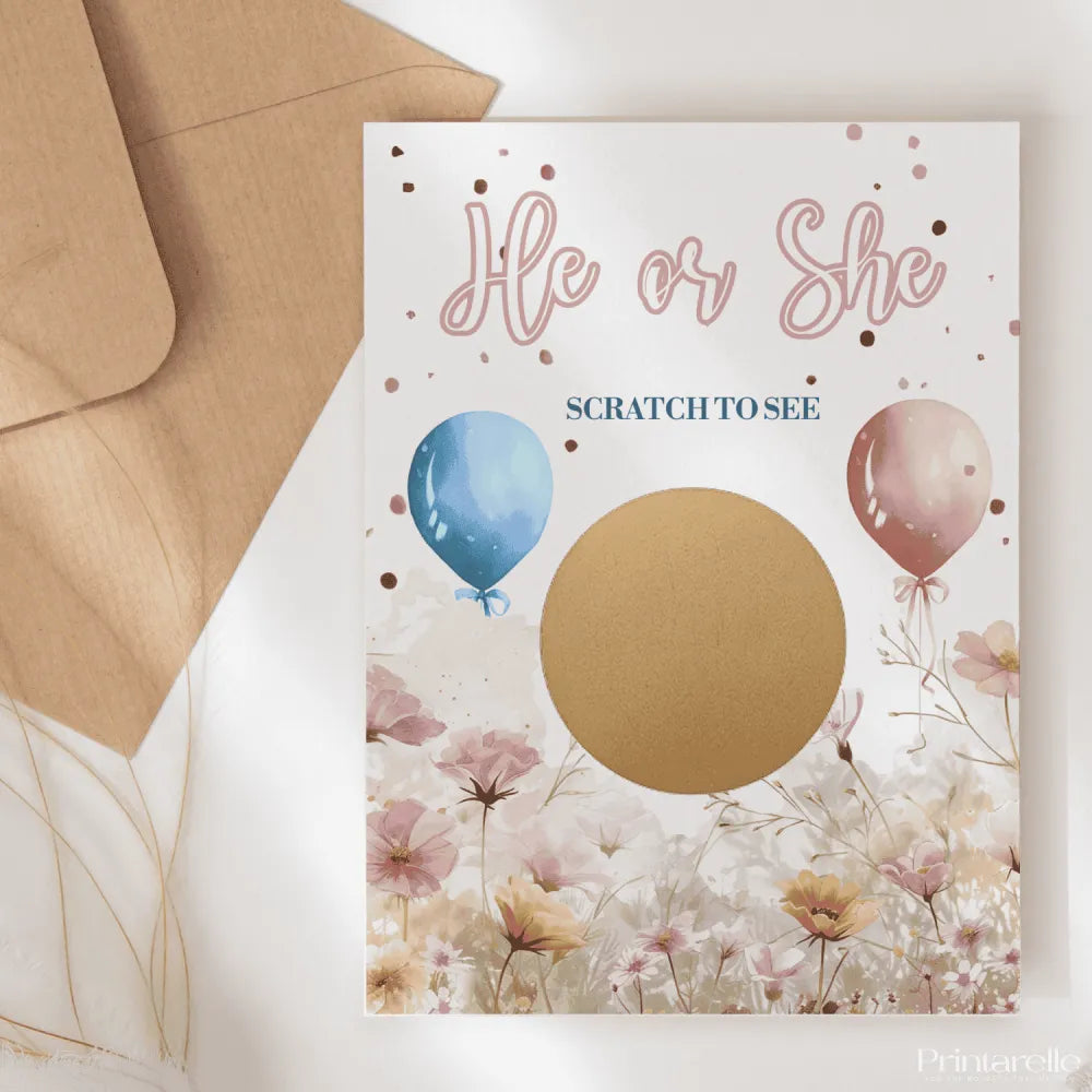 Gender reveal card with cartoon animals and a gold scratch-off panel.