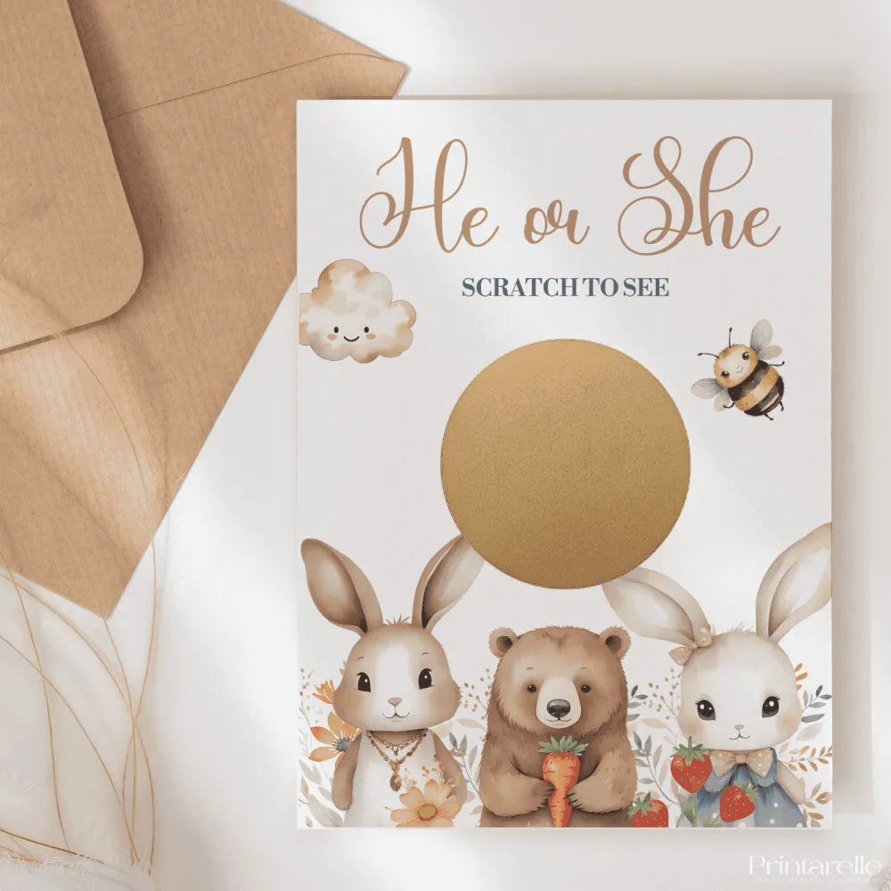 Gender reveal card with cartoon animals and a gold scratch-off panel.