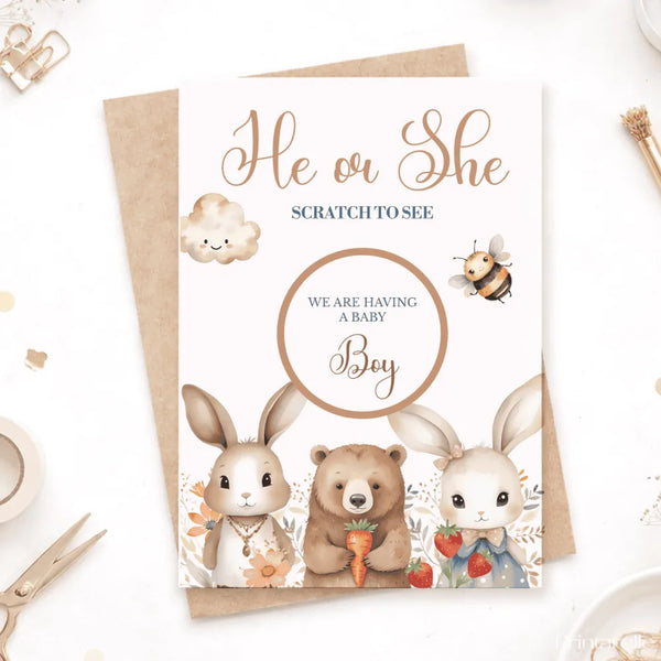 Baby shower card with cartoon animals and text 'He or She Scratch to See We Are Having a Baby Boy' on a white background.