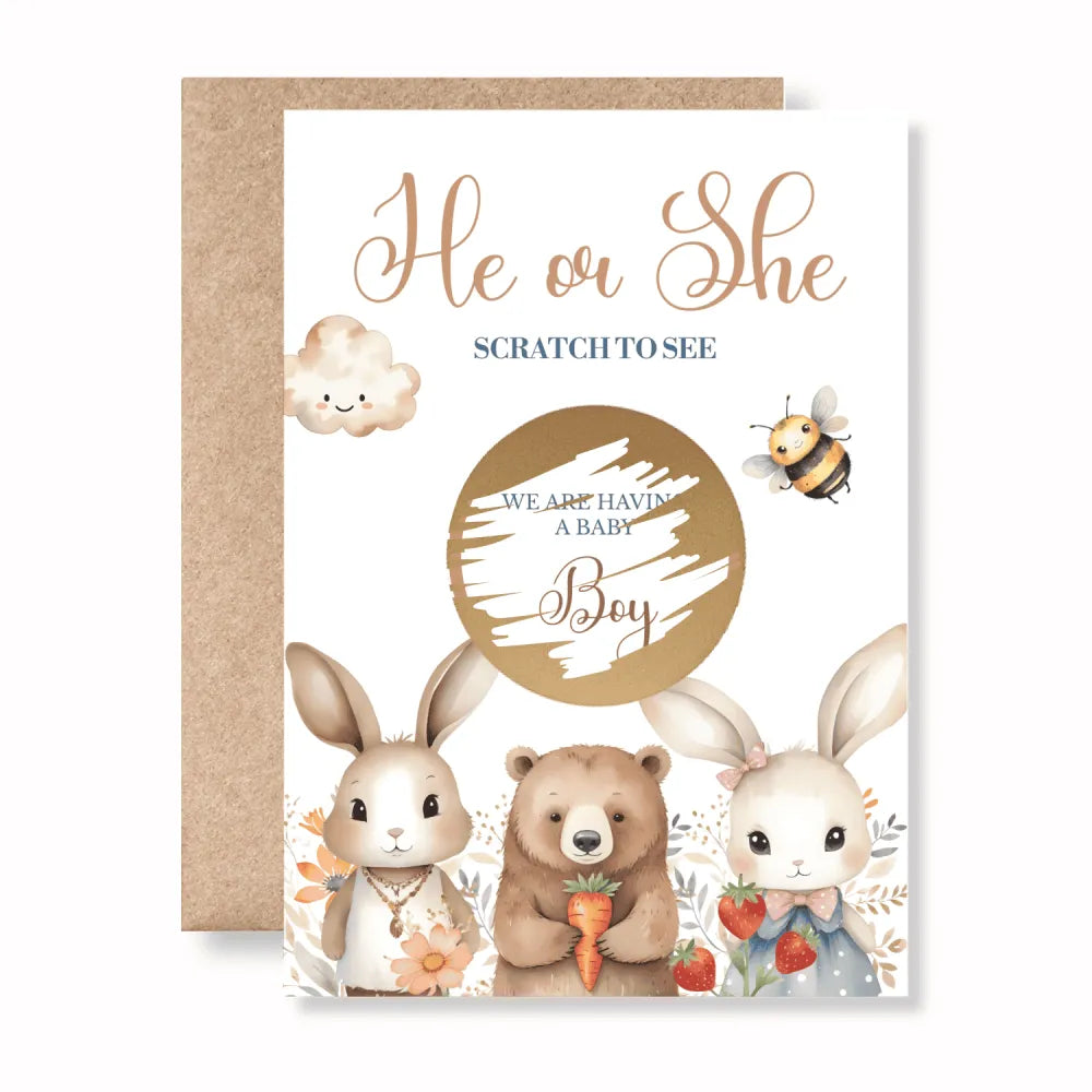 Gender reveal card with cartoon animals and text 'He or She Scratch to See We are having a Baby Boy'.