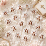 White personalised gentle grace confirmation lollipops with flower crown cartoon girl hands folded 8cm sticker