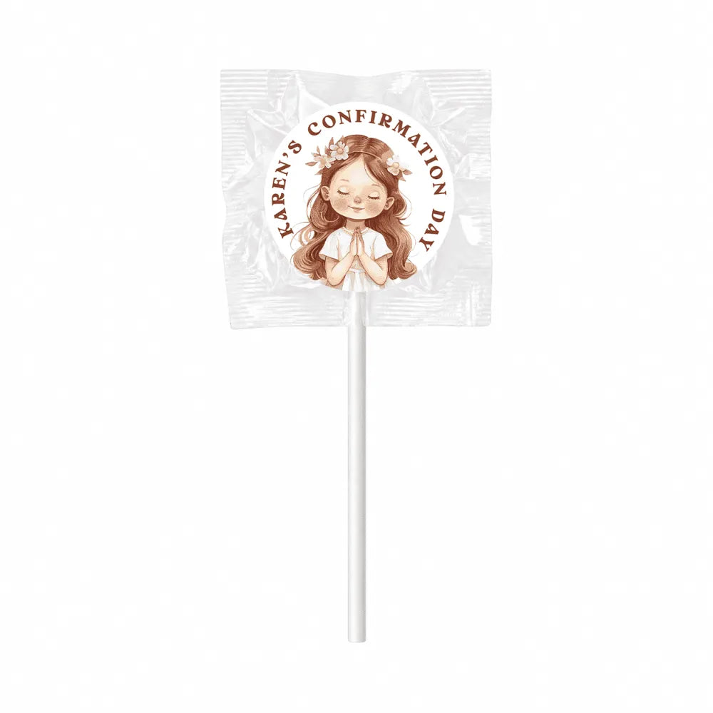 Gentle grace confirmation white lollipop with 8cm sticker showing girl with brown hair hands folded and flower crown