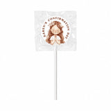 Gentle grace confirmation white lollipop with 8cm sticker showing girl with brown hair hands folded and flower crown