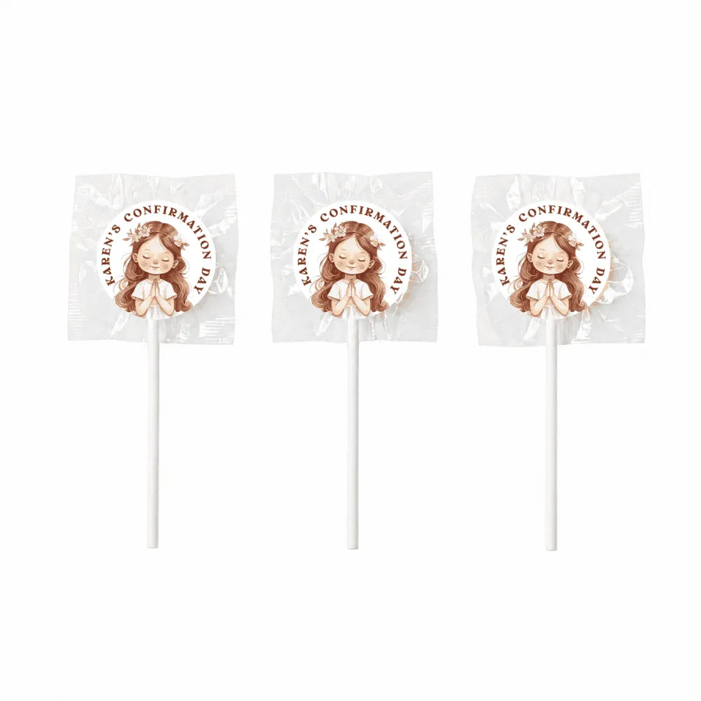 Three white lollipop sticks with 8cm sticker showing a girl with flower crown and hands folded for karens confirmation day