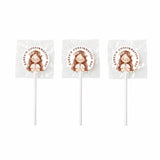Three white lollipop sticks with 8cm sticker showing a girl with flower crown and hands folded for karens confirmation day