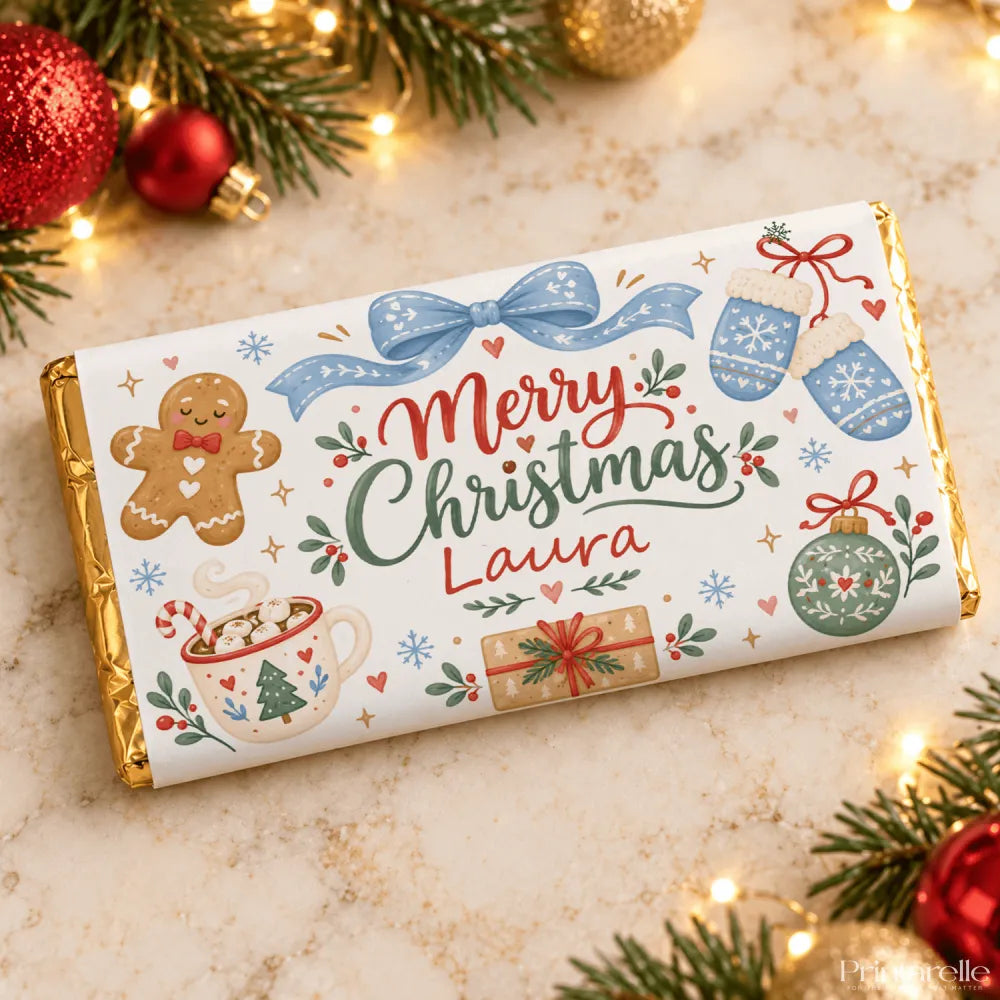 A personalized white chocolate bar wrapped in gold foil with a festive christmas chocolate bar wrap design