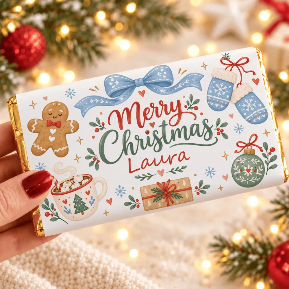 A personalized white chocolate bar with a festive christmas chocolate bar wrap in gingerbread and mittens design