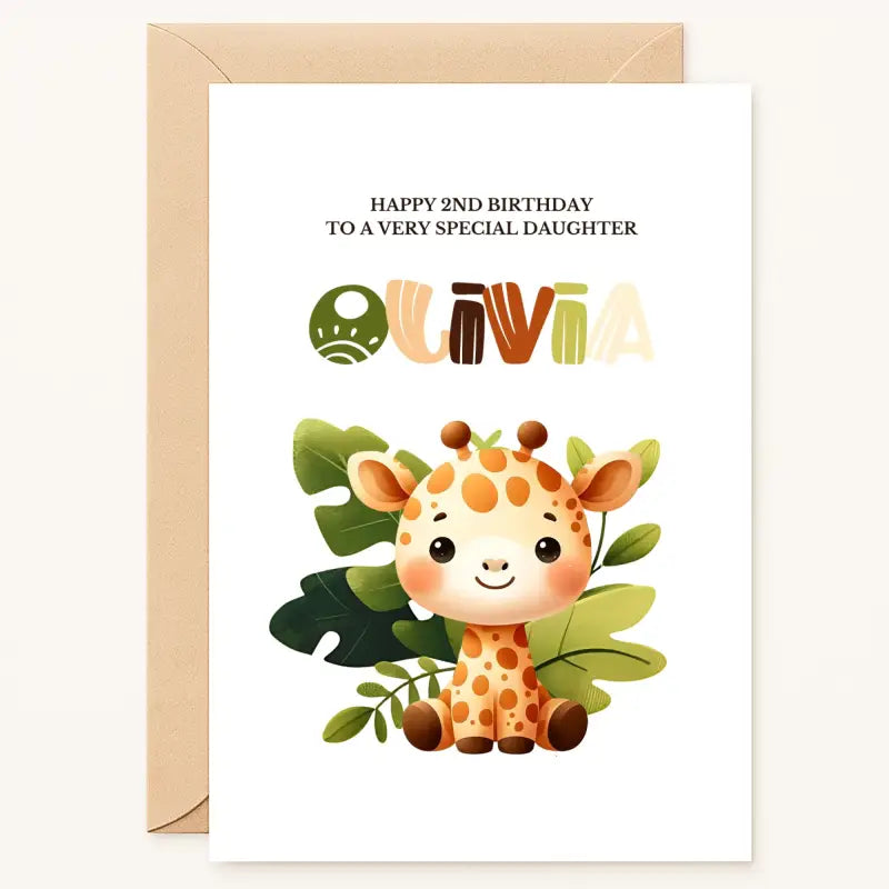 personalised giraffe 2nd birthday card for daughter with jungle leaves and name