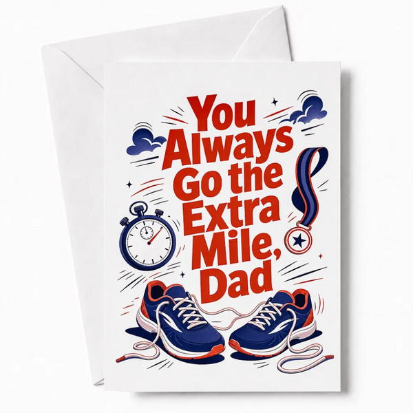 White premium cardstock running card with bold red extra mile text and blue orange shoes kraft envelope included