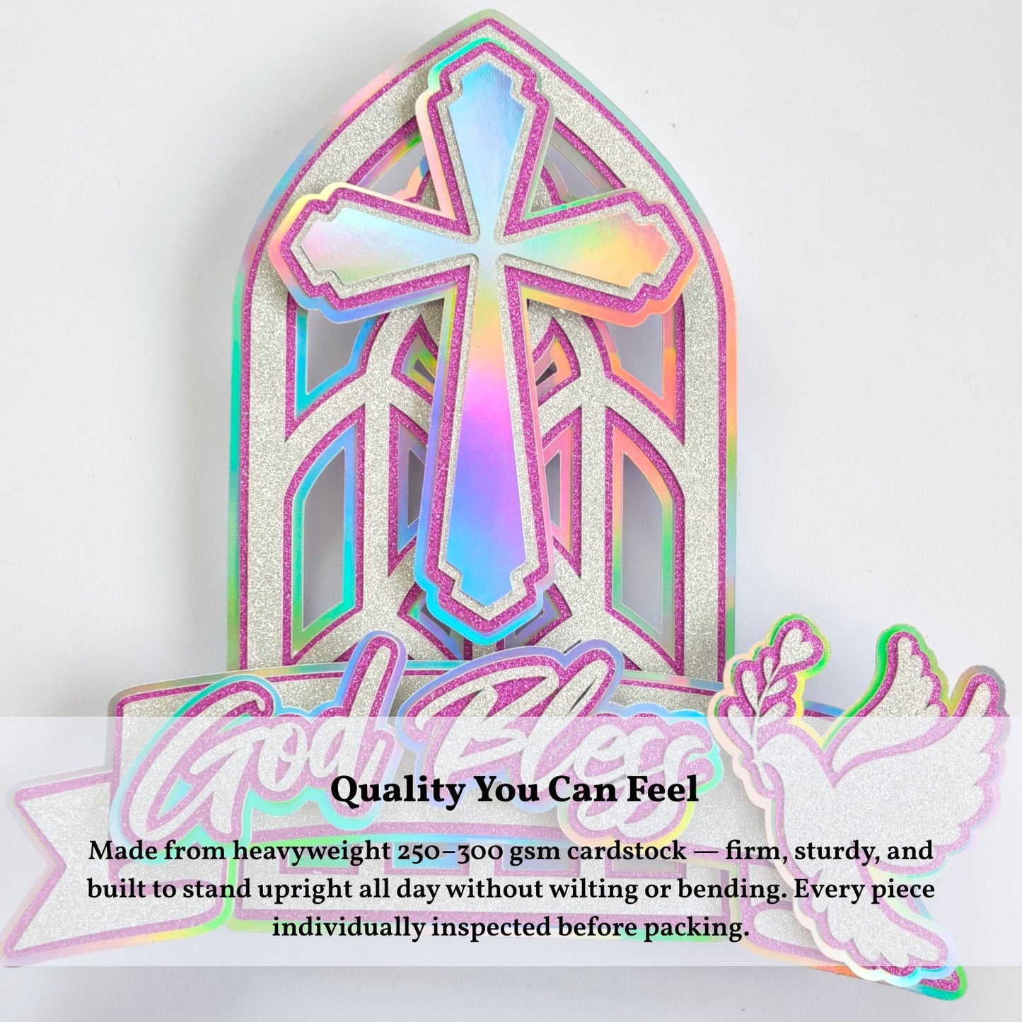 God Bless Cake Topper, Pink Holographic Church Window with Cross & Dove - Cake Topper - Printarelle