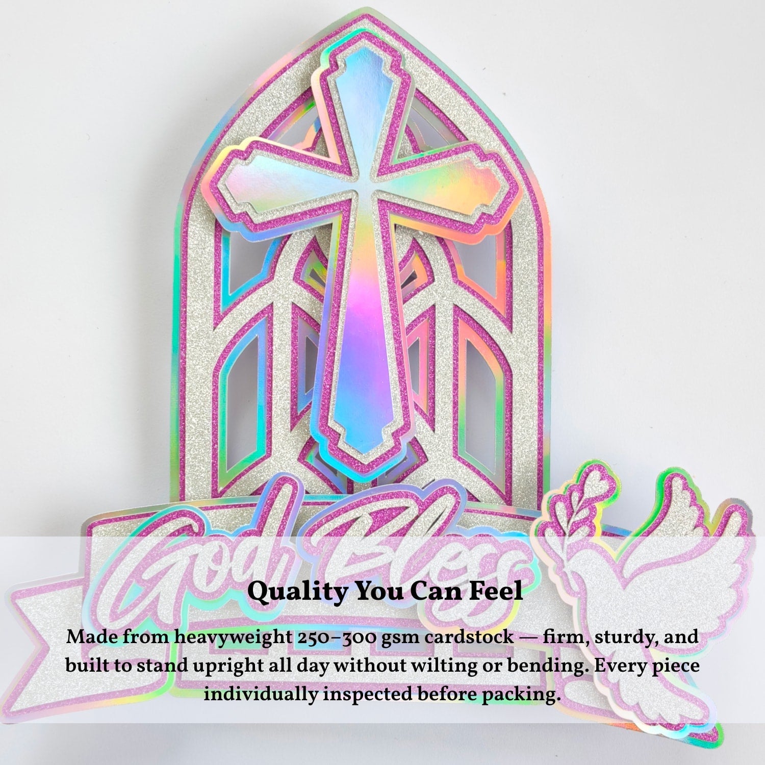 God Bless Cake Topper, Pink Holographic Church Window with Cross & Dove - Cake Topper - Printarelle