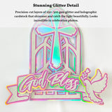 God Bless Cake Topper, Pink Holographic Church Window with Cross & Dove - Cake Topper - Printarelle