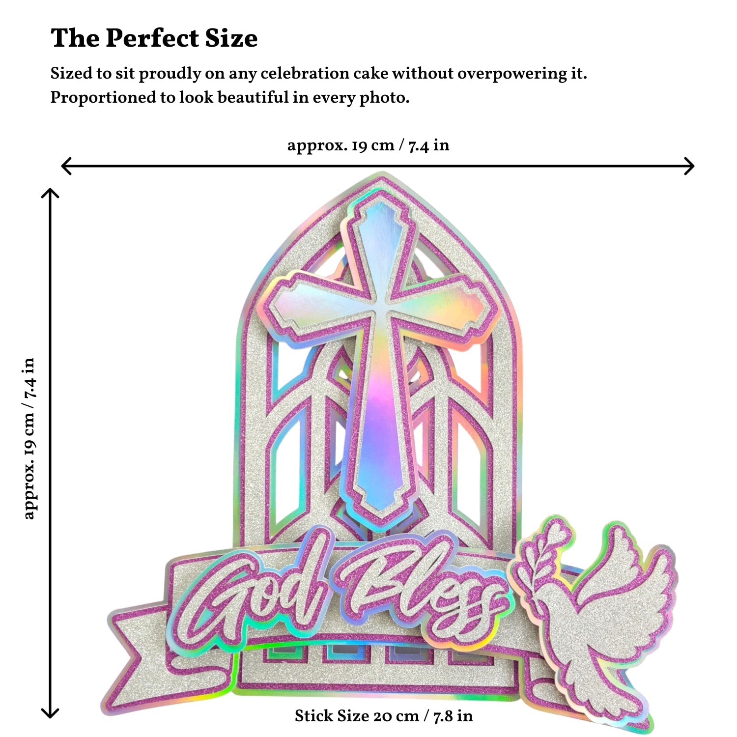 God Bless Cake Topper, Pink Holographic Church Window with Cross & Dove - Cake Topper - Printarelle