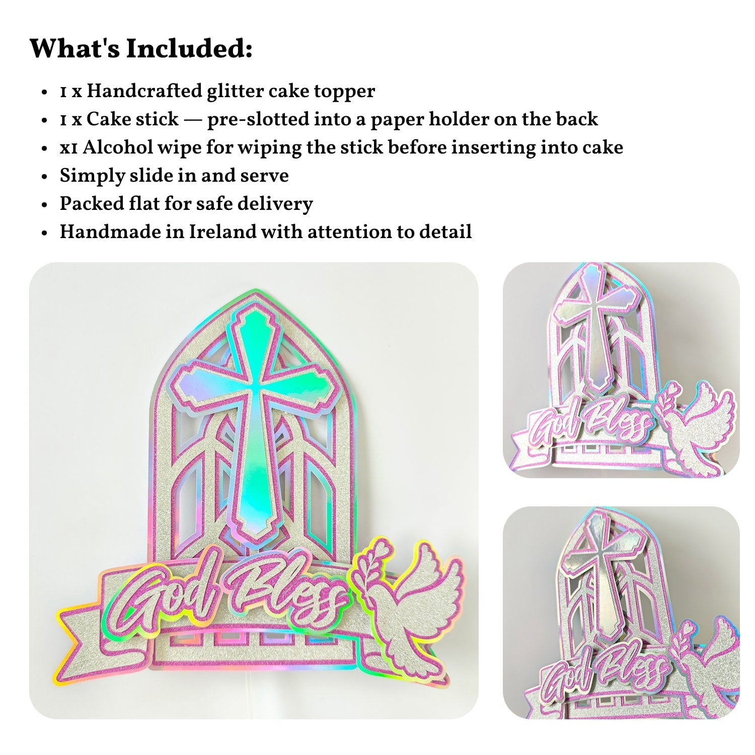 God Bless Cake Topper, Pink Holographic Church Window with Cross & Dove - Cake Topper - Printarelle