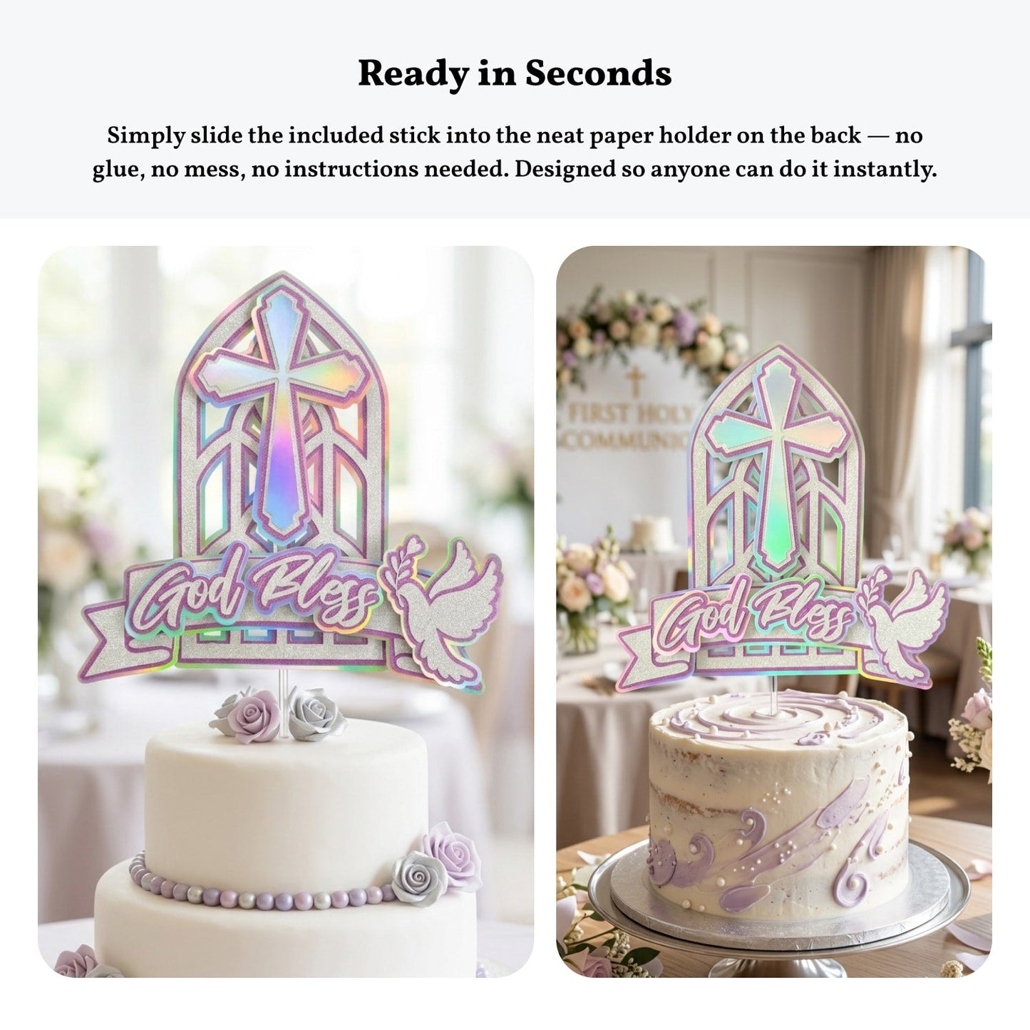 God Bless Cake Topper, Pink Holographic Church Window with Cross & Dove - Cake Topper - Printarelle