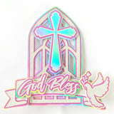 God Bless Cake Topper, Pink Holographic Church Window with Cross & Dove - Cake Topper - Printarelle