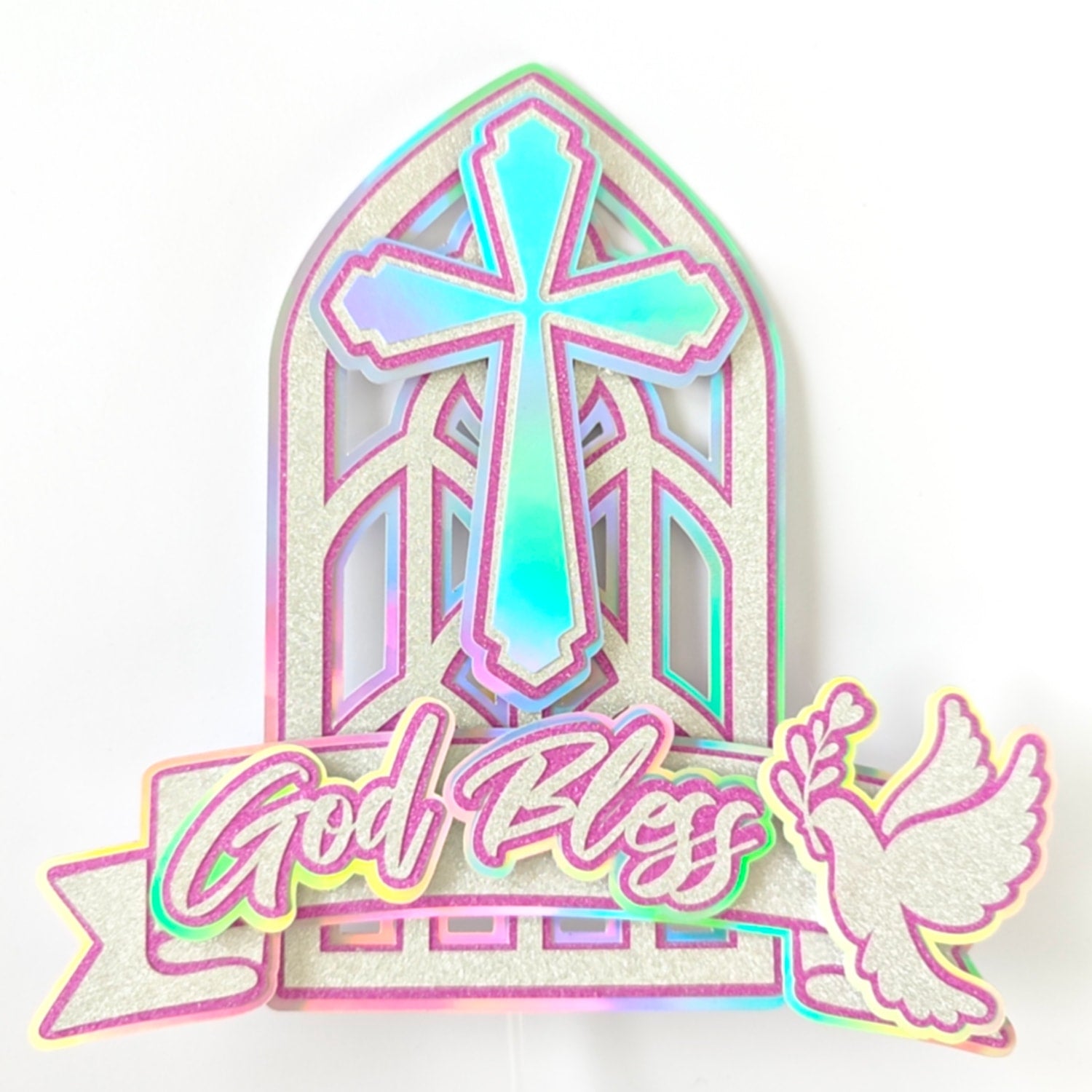 God Bless Cake Topper, Pink Holographic Church Window with Cross & Dove - Cake Topper - Printarelle