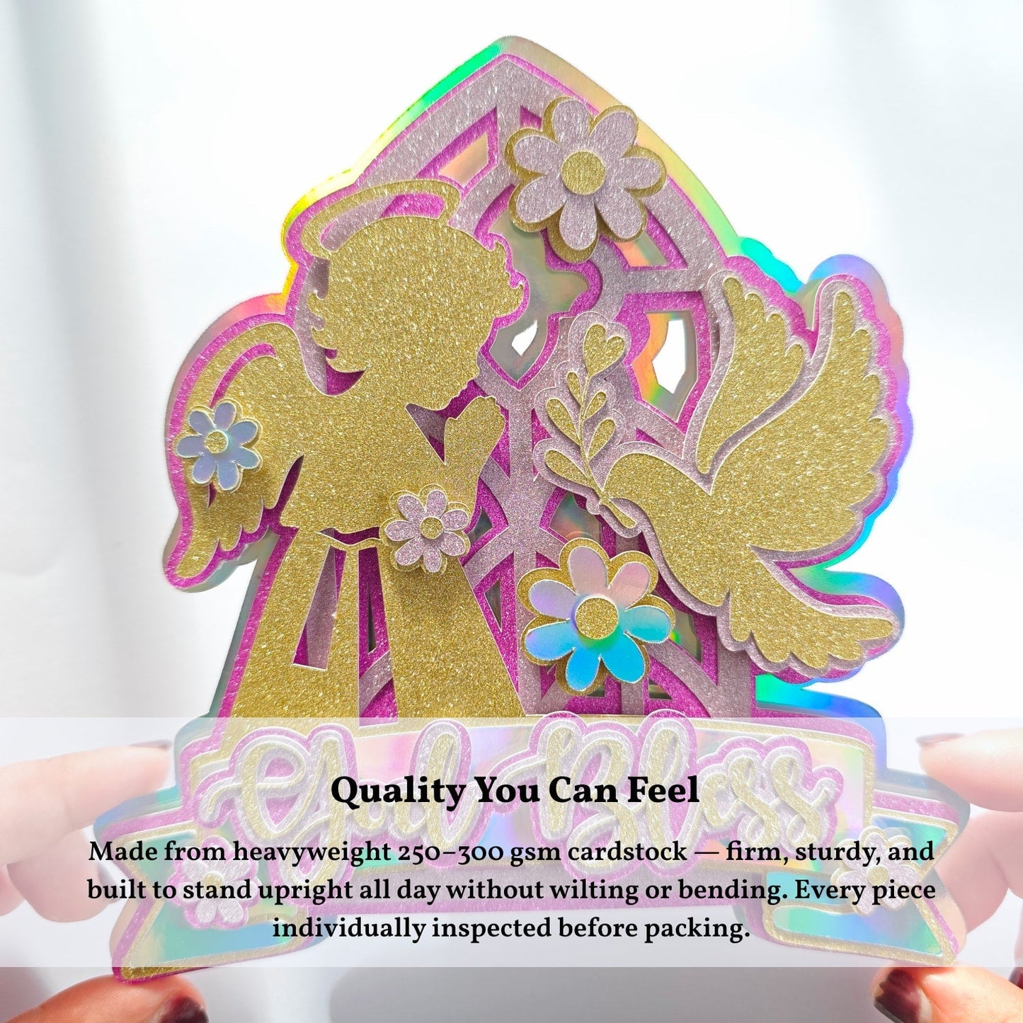 God Bless Cake Topper, Pink Holographic Glitter with Angel & Dove - Cake Topper - Printarelle