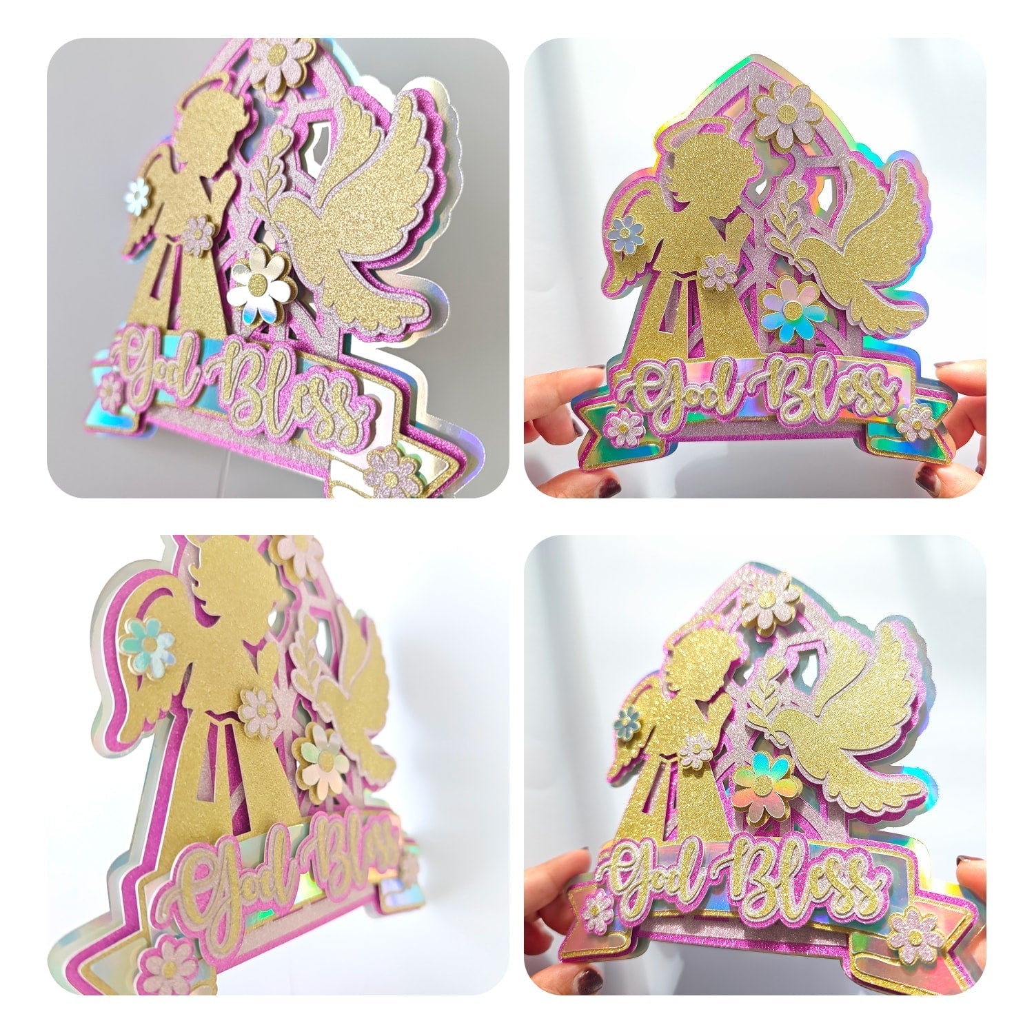 God Bless Cake Topper, Pink Holographic Glitter with Angel & Dove - Cake Topper - Printarelle