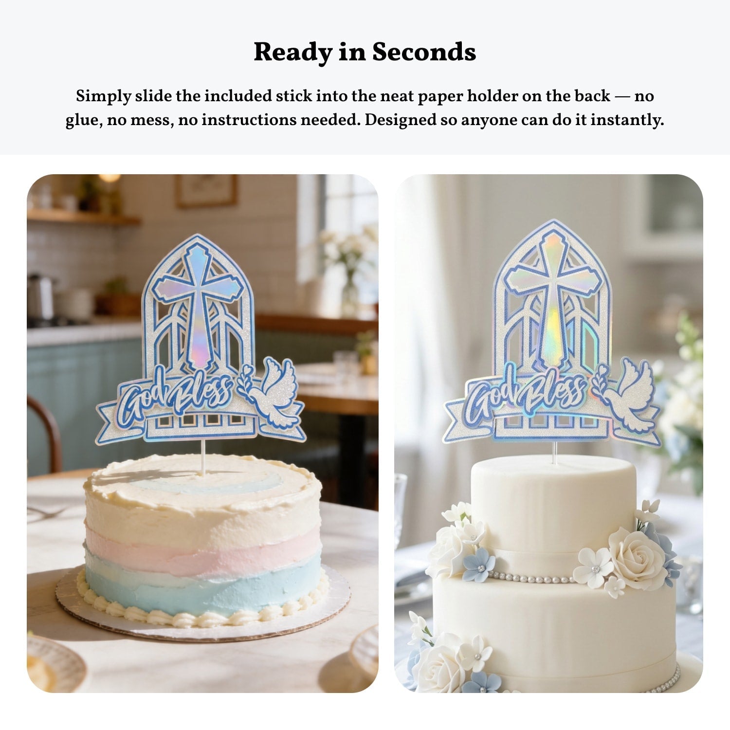 God Bless Cake Topper, Silver Holographic Church Window with Cross & Dove - Cake Topper - Printarelle