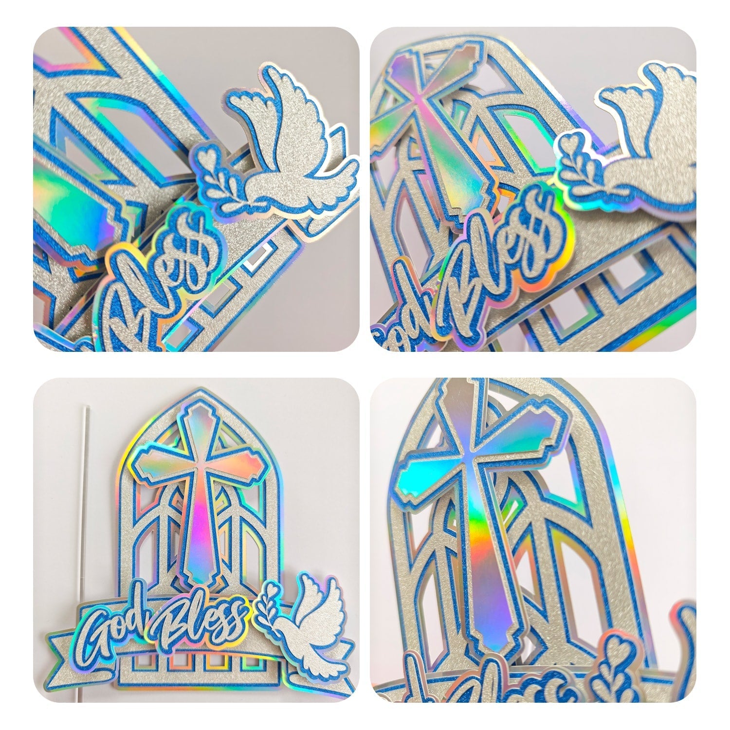 God Bless Cake Topper, Silver Holographic Church Window with Cross & Dove - Cake Topper - Printarelle