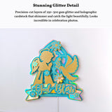 God Bless Cake Topper, Teal Holographic Glitter with Angel & Dove - Cake Topper - Printarelle