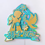 God Bless Cake Topper, Teal Holographic Glitter with Angel & Dove - Cake Topper - Printarelle