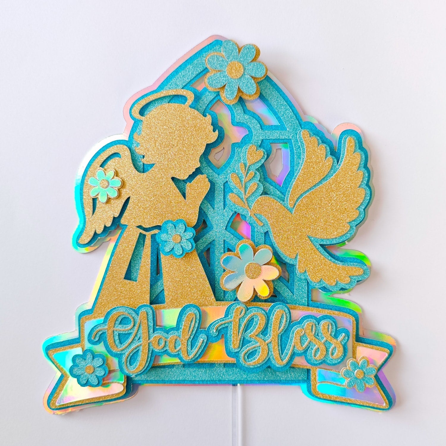God Bless Cake Topper, Teal Holographic Glitter with Angel & Dove - Cake Topper - Printarelle
