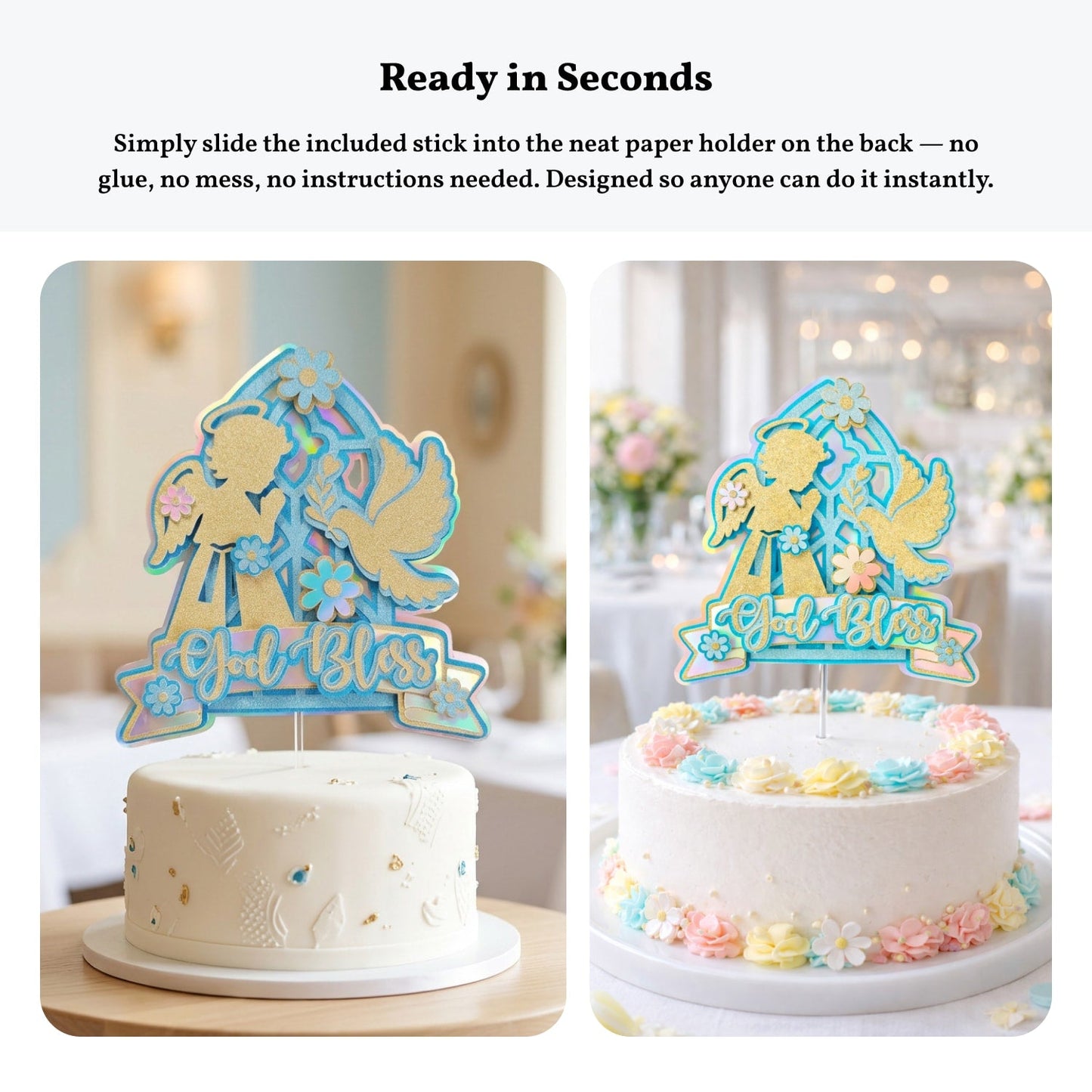 God Bless Cake Topper, Teal Holographic Glitter with Angel & Dove - Cake Topper - Printarelle