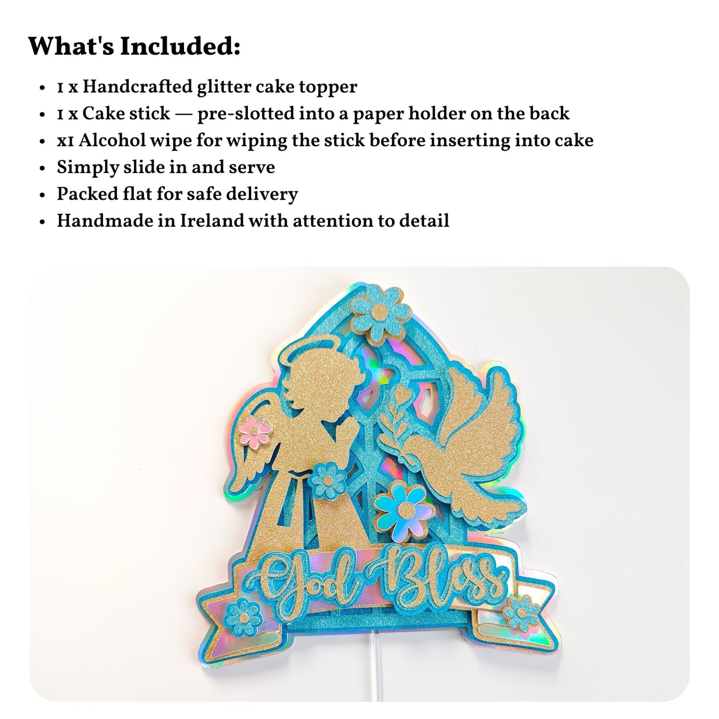 God Bless Cake Topper, Teal Holographic Glitter with Angel & Dove - Cake Topper - Printarelle