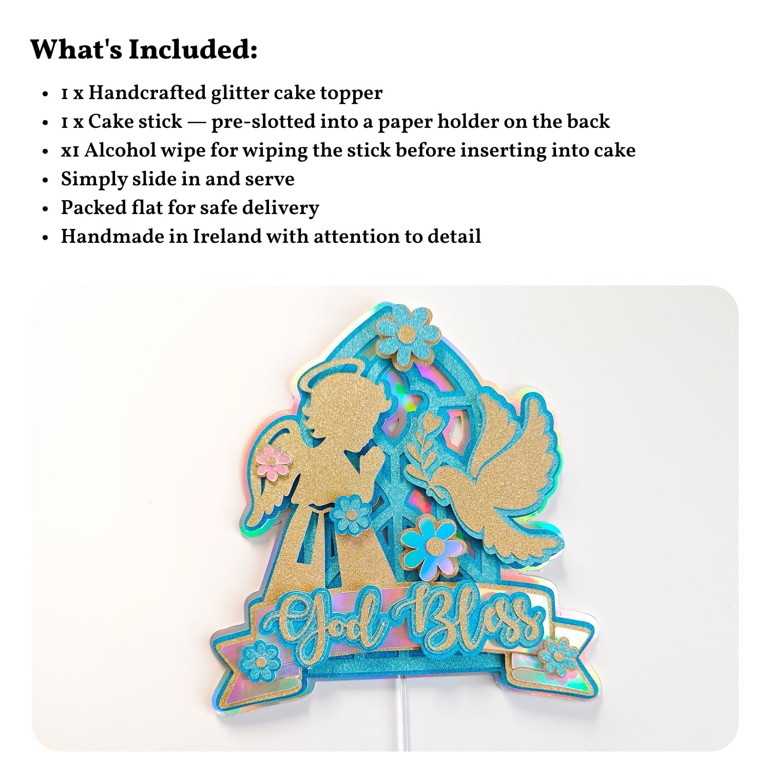 God Bless Cake Topper, Teal Holographic Glitter with Angel & Dove - Cake Topper - Printarelle