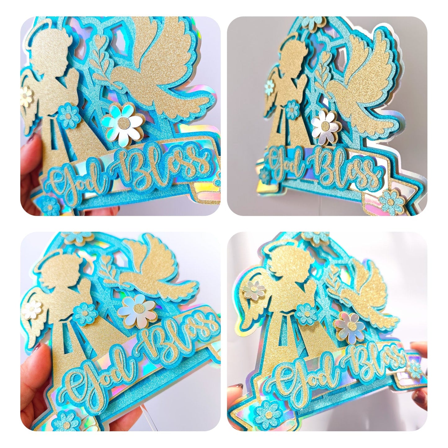 God Bless Cake Topper, Teal Holographic Glitter with Angel & Dove - Cake Topper - Printarelle