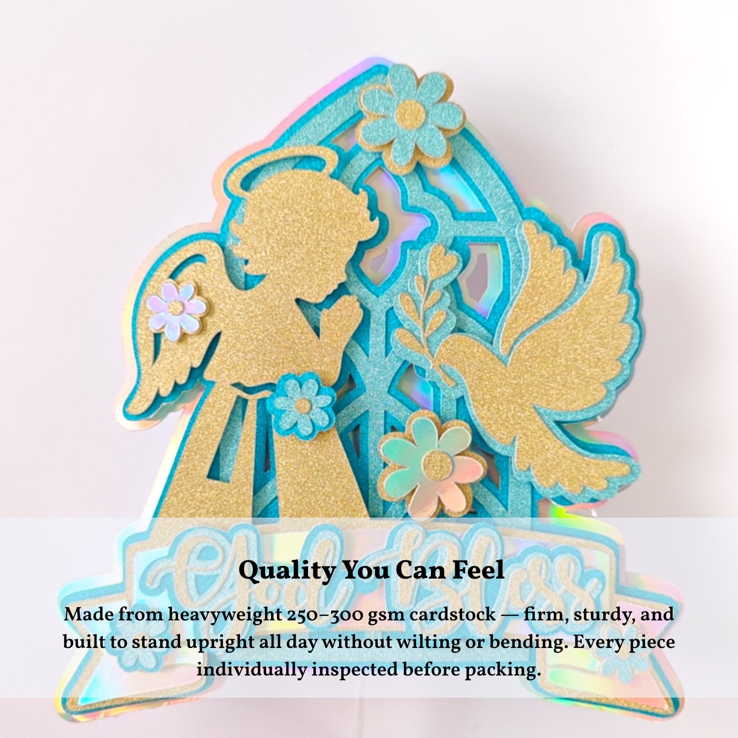 God Bless Cake Topper, Teal Holographic Glitter with Angel & Dove - Cake Topper - Printarelle