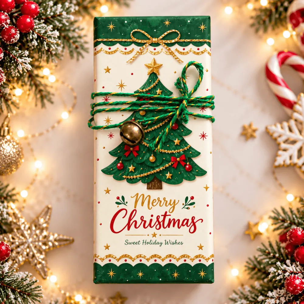 A festive green and white 100g chocolate bar wrapped in holiday paper with gold bow and christmas tree design