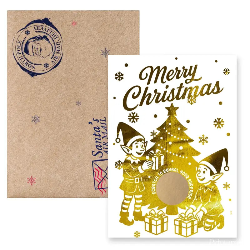 Christmas card with gold foil design of elves and a tree, featuring a scratch-off panel.