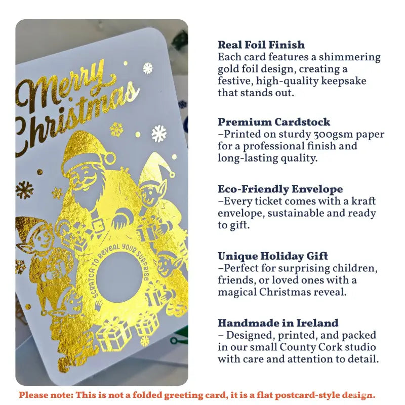 Christmas card with gold foil design and text about product features.
