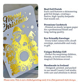 Christmas card with gold foil design and text about product features.