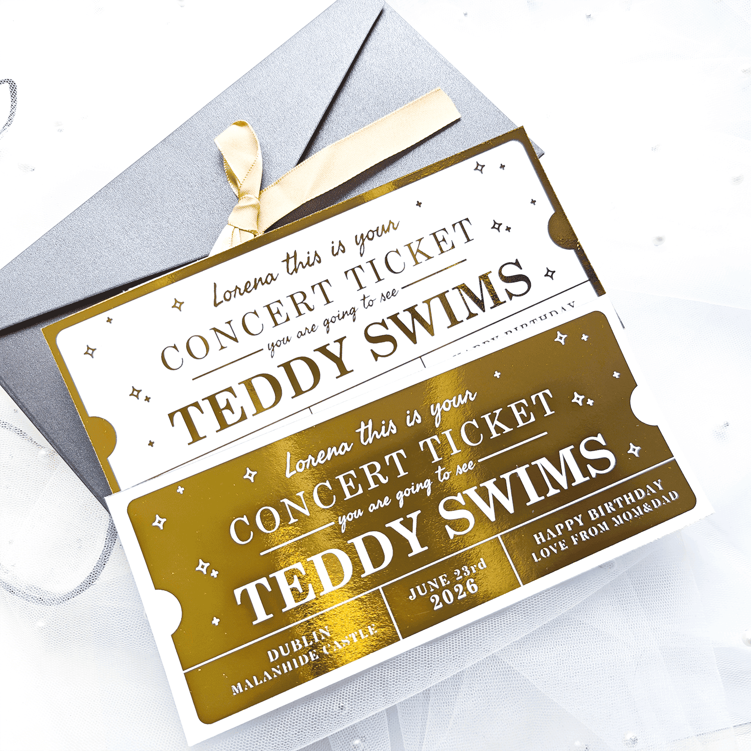 gold foil personalised concert keepsake ticket handmade gift