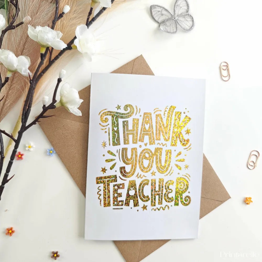 Gold Glitter Foil Thank You Teacher Card - gold glitter, gold glitter foil, glitter foil, teacher card, foil finish