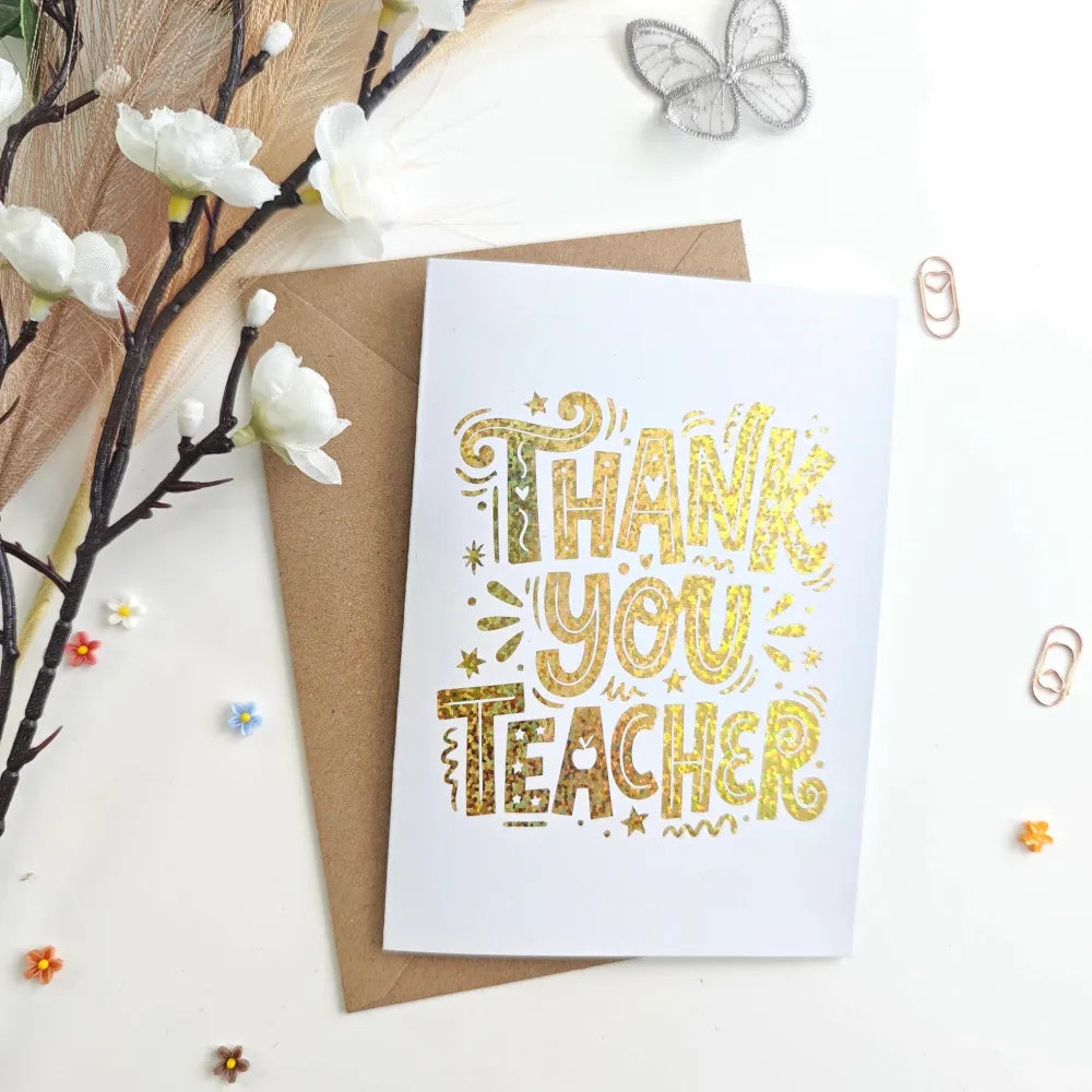 Gold Glitter Foil Thank You Teacher Card - gold glitter, gold glitter foil, glitter foil, teacher card, foil finish