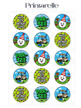 Golf birthday personalised cupcake toppers with bright green and blue cartoon golf ball designs on wafer paper icing sheet