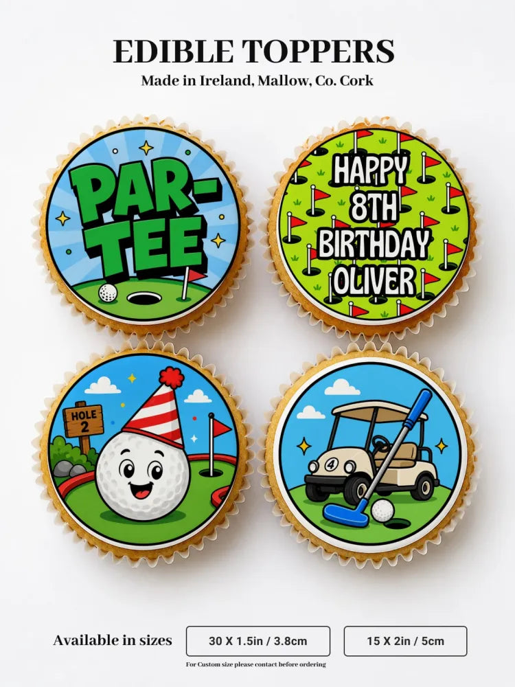 Golf birthday personalised cupcake toppers with colorful cartoon designs on edible icing sheet and wafer paper