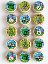 Golf birthday personalised cupcake toppers with cartoon golf balls flags and carts on colorful icing sheet and wafer paper