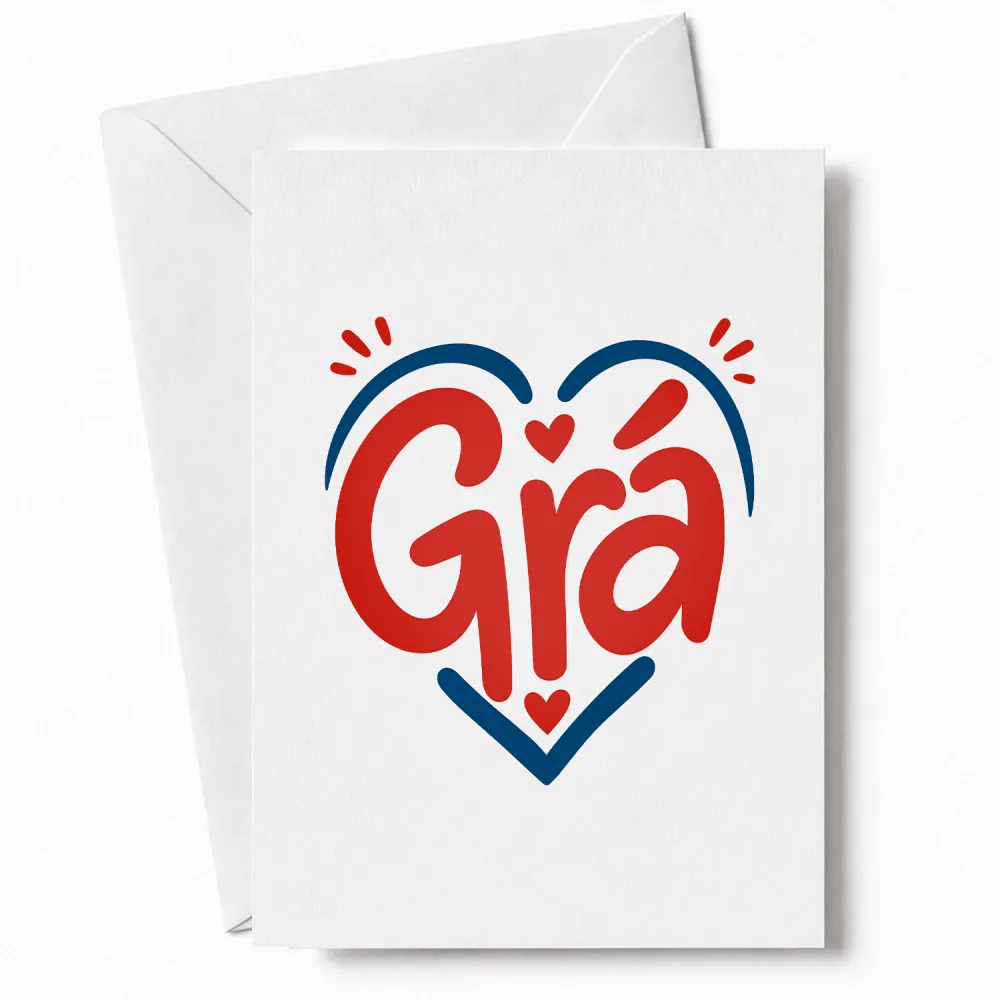 A white irish love card featuring the word grá in bold red with a blue heart outline and small heart accents