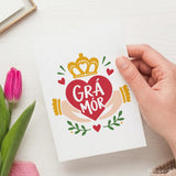 White greeting card with a vibrant red heart crowned in gold and Irish phrase grá mór perfect irish love card for great love