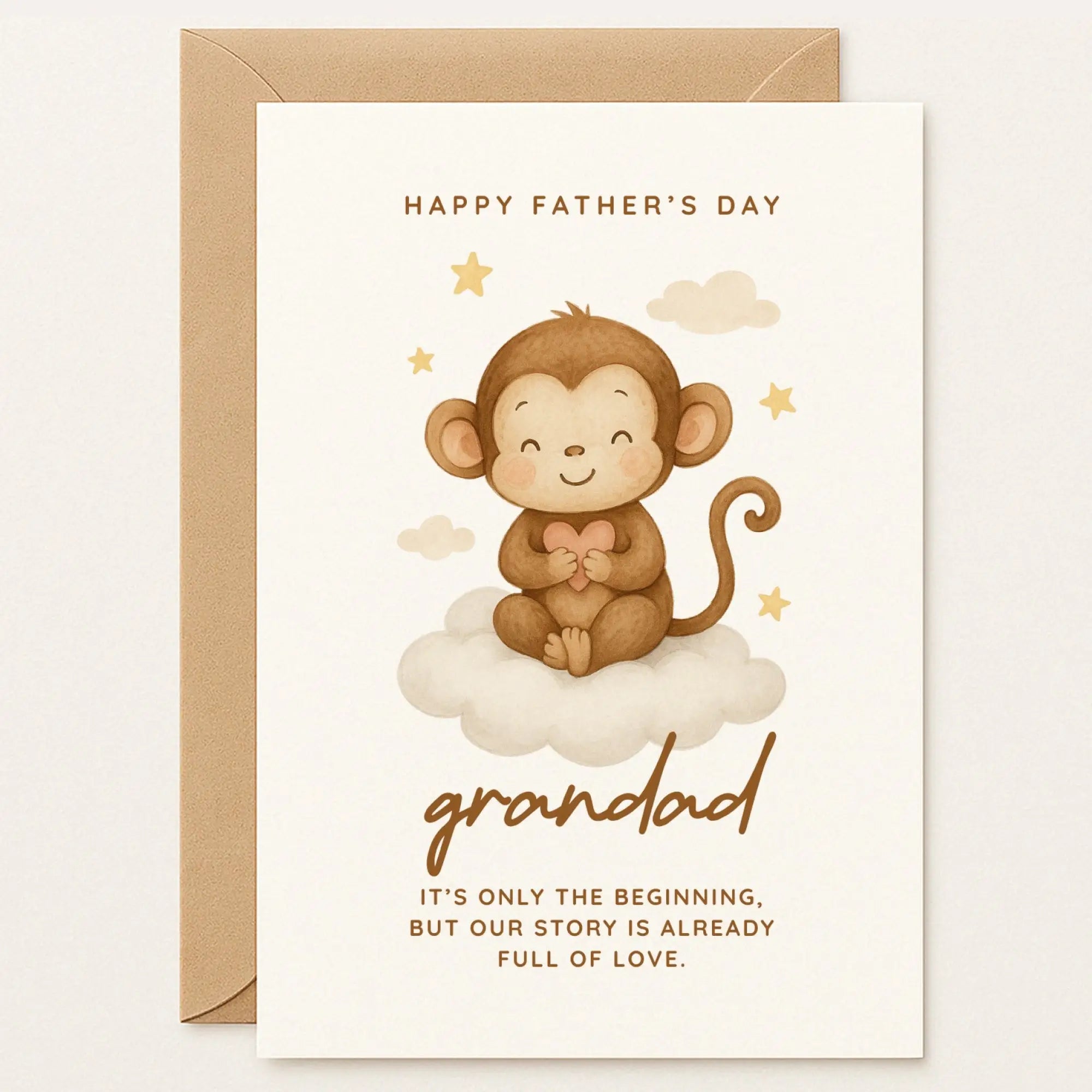 Father’s Day card for Grandad with a baby monkey sitting on a cloud holding a heart. Quote reads: “Our story is already full of love.”