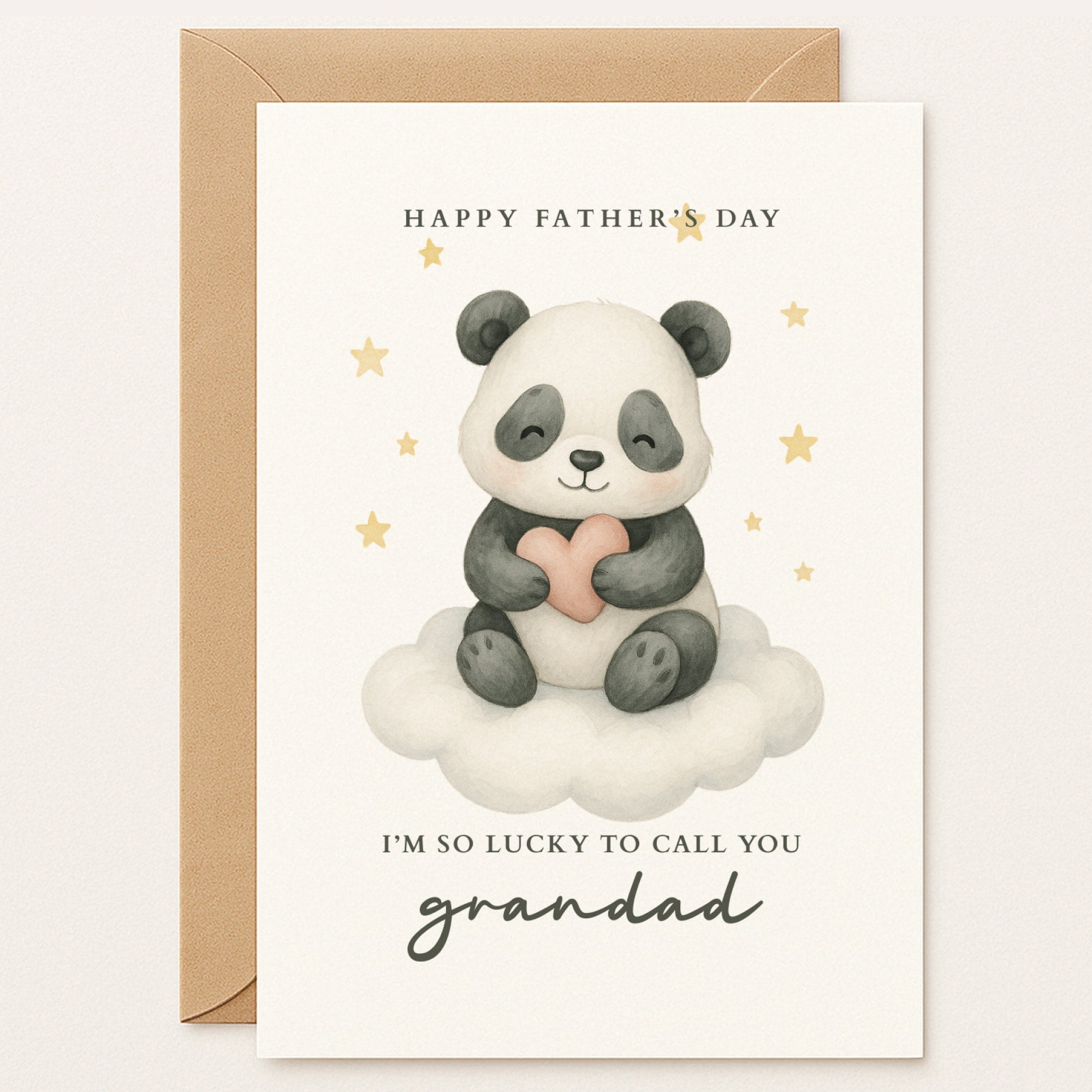 Father’s Day card for Grandad with a baby panda holding a heart on a cloud. Message: “I’m so lucky to call you Grandad.” Perfect for kids and grandkids.