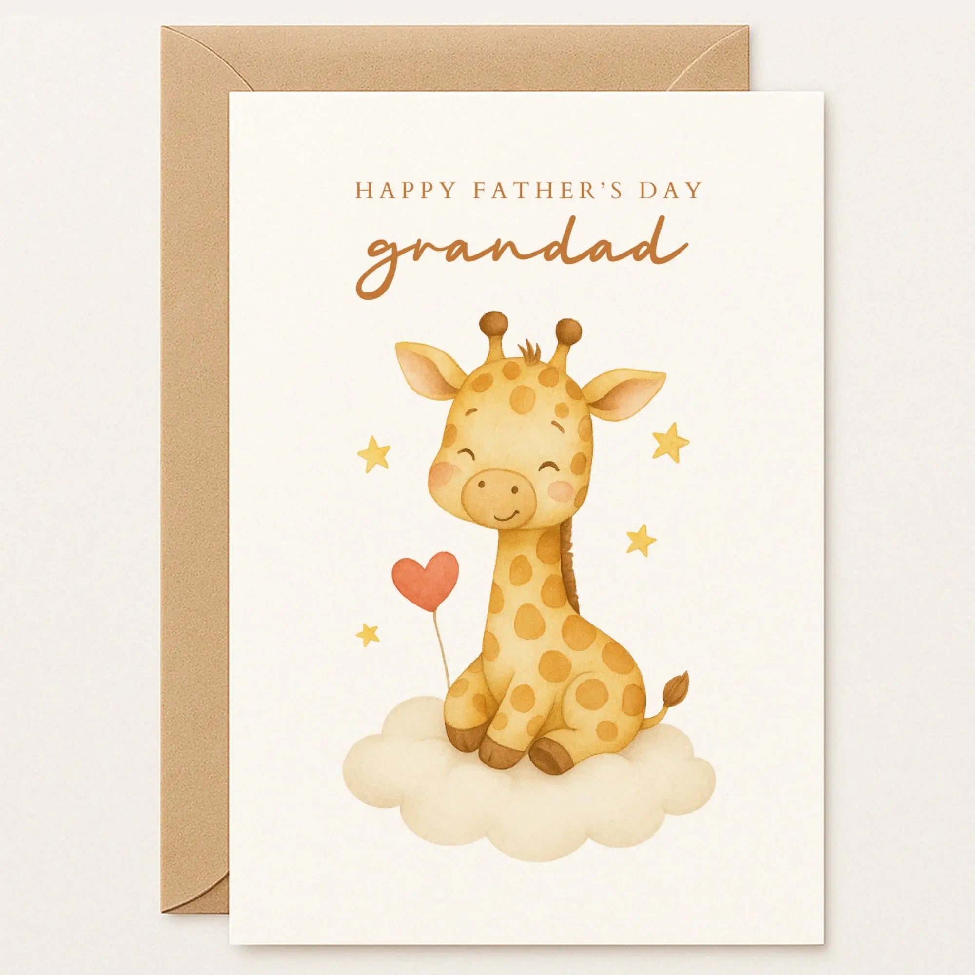 Father’s Day card for Grandad featuring a baby giraffe sitting on a cloud holding a heart balloon. Perfect handmade gift from baby or toddler.